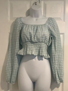 FRESHMAN 1996 Blue/White Gingham Puff Sleeve Smocked Cottagecore Summer Top S